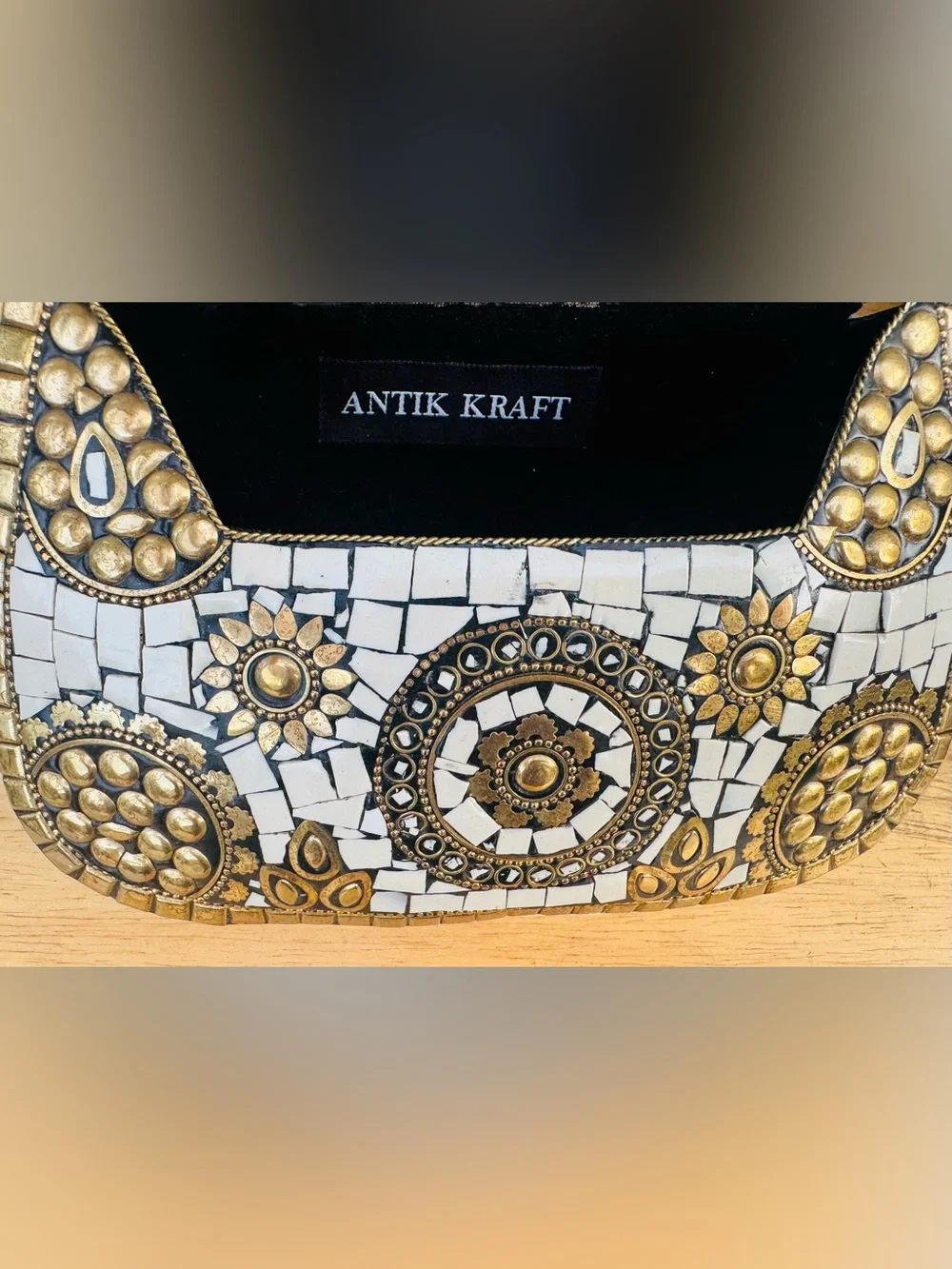 Antik Kraft Handmade White and Gold Mosaic Metal Clutch Bag |Artisanal Crossbody - Picture 6 of 9
